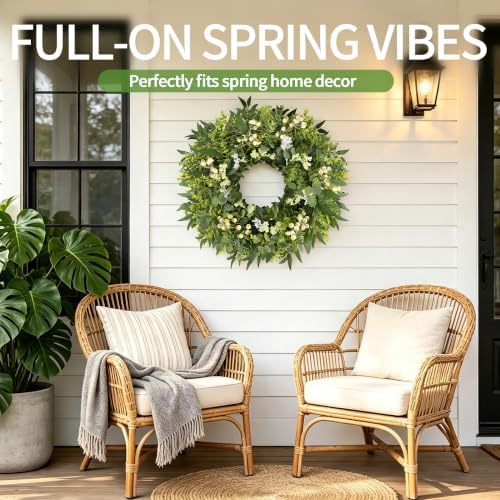 Green Wreath with Berries&Boxwood, Eucalyptus Wreaths for Front Door Artificial Spring Summer Christmas Door Wreath Front Door Wreath Farmhouse Decor for Wall Porch Window(24inch) - Image 7