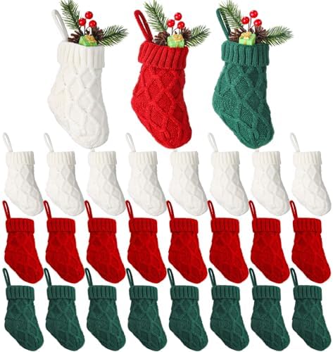 Geyoga 24 Pieces Mini Christmas Knit Stockings 6 Inch Cable Knitted Stockings Bulk Xmas Hanging Ornament Decoration for Christmas Tree Fireplace Holiday Party Favor(Red, Green, White) by Geyoga