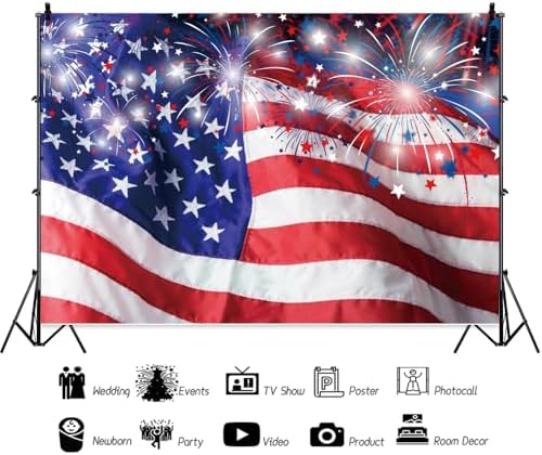 10x8ft 4Th of July Backdrop American Flag Red Blue Fireworks Independence Day Decorations Background Veterans Day Memorial Day Baby Shower Party Cake Table Banner Photo Booth - Image 3