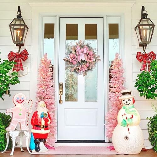 22inch Christmas Pink Wreath for Front Door with 30 LED Lights,Elegant Magnolia Christmas Door Wreath,Festive Holiday Decor, Frosted Winter Pink Decorations for Wedding - Image 2