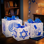 Domkom Set of 3 Hanukkah Lighted Gift Boxes,60 Led Light Up Present Box Decorations with Dreidel Menorah, White and Blue Chanukah Gift Boxes for Christmas Tree Indoor Outdoor Holiday Decor - Image 5