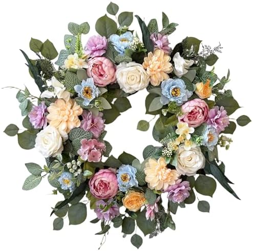 Spring Wreaths for Front Door,Summer Wreath with Peony Rose and Dahlia Flowers,24 Inch Floral Door Wreath for All Seasons Outside Outdoor Indoor Wall Wedding Holiday Home Decor by Ecerangus