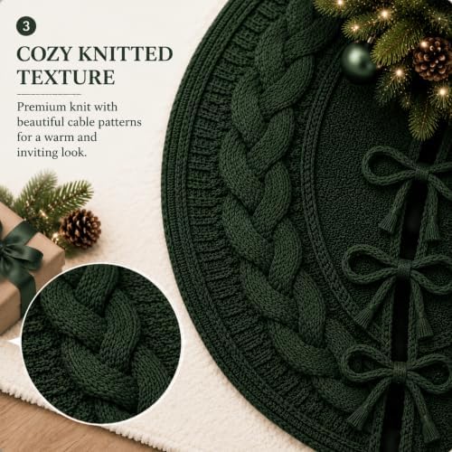 Hollowfly 48 Inch Green Christmas Tree Skirt for 7.5ft Tree Cable Knitted - Image 2