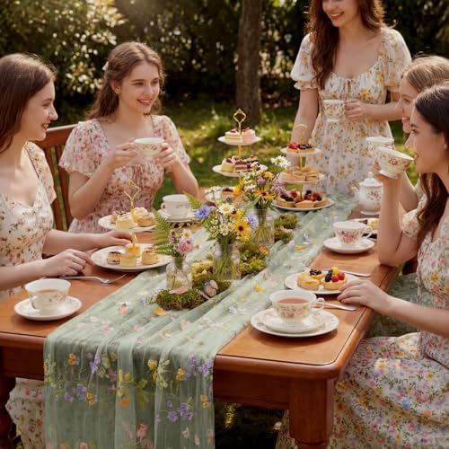 Sage Green Floral Table Runner 10ft Embroidery Tulle Spring Wildflower Gauze Table Runner Seasonal Summer Butterfly Kitchen Dining Decoration for Wedding Baby Shower Birthday Party (6 Pcs) - Image 5