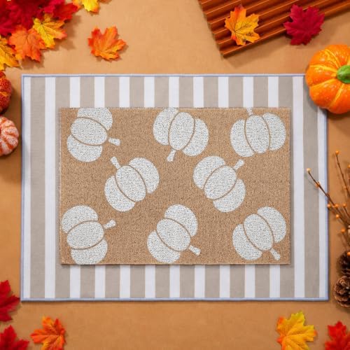 2Pcs Fall White Pumpkin Doormats Autumn Buffalo Plaid Striped Door Mats Set Outside Inside Entrance Porch Rugs Durable Scraping Wire Loop Crystal Velvet Floor Mat for Thanksgiving Decor 24x32 - Image 6