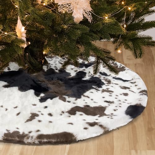Christmas Tree Skirt 60 inch Cows Print Tree Skirts White and Black Faux Fur for Holiday Party Decoration by Amidaky