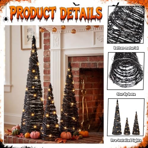 Jenaai 3 Lighted Halloween Rattan Trees 24" 16" 12", Cone Trees Decor - Image 4