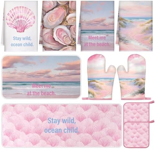 VitalCozy 10 Pcs Pink Ocean Kitchen Decor Set Kitchen Towels by VitalCozy