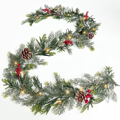 6FT Flocked Cedar Garland with Lights Timer, Prelit Christmas Garland Pinecones & Red Berries Warm White Lights, Lighted Cypress Garlands Battery Operated Christmas Decor Mantel Table Indoor Outdoor by TURNMEON