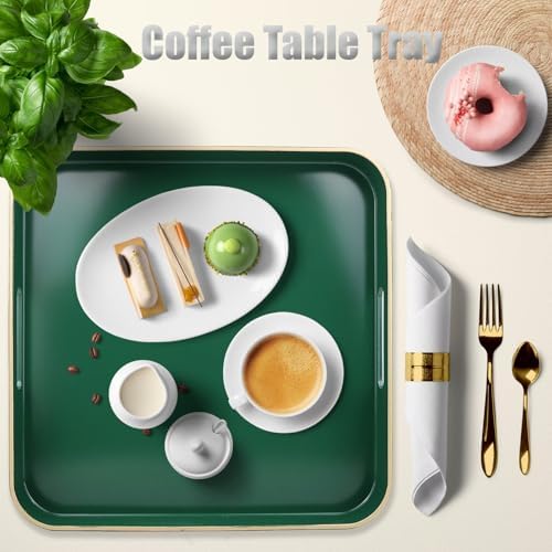 Green Square Decorative Tray with Handles, 13"*13" Versatile Serving Tray for Coffee Table, Ottoman, Ideal for Serving, Displaying, Organizing - Image 6