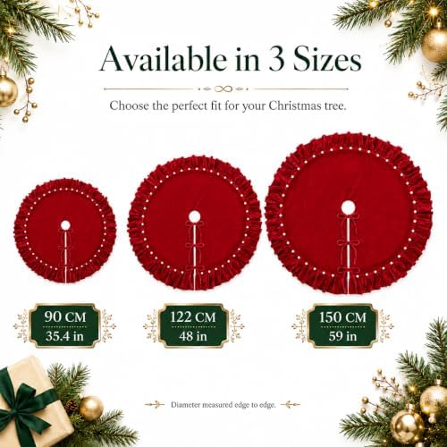 Red Velvet Christmas Tree Skirt with Ruffled Edge&Pearl,60" - Image 6
