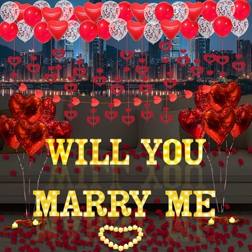 Will You Marry Me Light Up Letters Proposal Decorations, 14Pcs 6.3" Sign with 24Pcs Flameless Heart Candles 2000Pcs Red Artificial Rose Petals 45Pcs Latex Balloons 10Pcs Heart Balloon Valentine's Day by Fezava