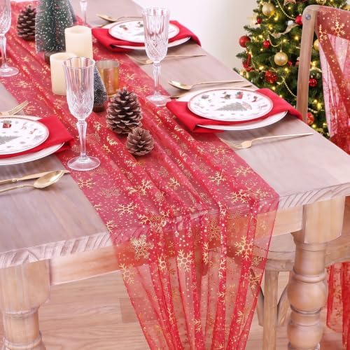 Christmas Table Runner Snowflake Gauze Glitter Foil Holiday Home Decor 3PCS - Image 2