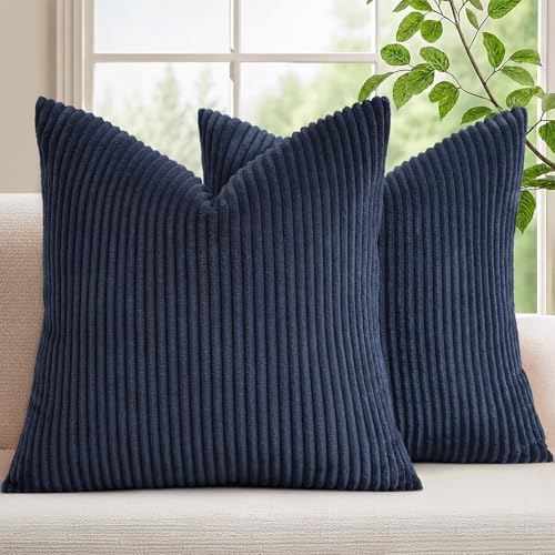 Mecatny Corduroy Decorative Throw Pillow Covers 22x22 Set of 2 Deep Blue by Mecatny