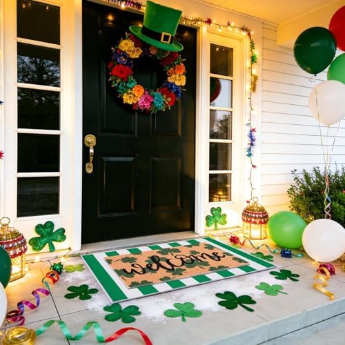 2 Pcs St. Patrick's Day Doormat Shamrock Pattern Welcome Door Mat Non Slip Coir Mat White & Green Striped Layering Mat for St. Patrick's Day Front Door Porch Entryway Decor 23.6 x 31.5 Inch - Image 2