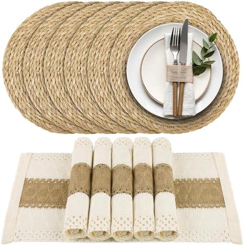 Kochorie 6 Set Handmade Boho Placemats Natural Cotton Burlap Table Mats, 6 Rectangle with Tassel & 6 Round Bulrush Placemats Farmhouse Weave Place Mats for Rustic Dining Table Kitchen Decor by Kochorie