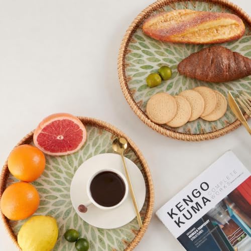 Boho Handwoven Rattan Tray with Mother of Pearl Inlay, 30 and 35cm Round Decorative Trays, Wooden Base Serving Tray for Vanity, Coffee Table & Wall Hanging Decor (2 Suites, Pattern: Greenleaf) - Image 4