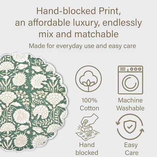 Ridhi Floral Block Print Round Placemats 15" in, Set of 4, Moss Green - Image 6