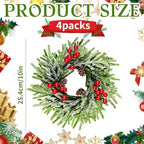 4 Pcs Christmas Wreath 10 Inch Green Artificial Wreaths Red Berry Pinecones Wreaths for Front Door Cabinets Wreath Indoor Outdoor Wall Decor Christmas Wall Home Decoration - Image 2