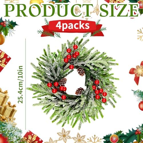4 Pcs Christmas Wreath 10 Inch Green Artificial Wreaths Red Berry Pinecones Wreaths for Front Door Cabinets Wreath Indoor Outdoor Wall Decor Christmas Wall Home Decoration - Image 2