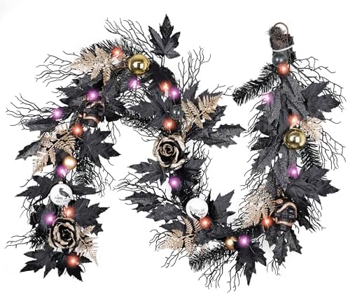 DecorbyHannah 6ft Halloween Garland for Mantle with Lights Black Rose Decor by DecorbyHannah