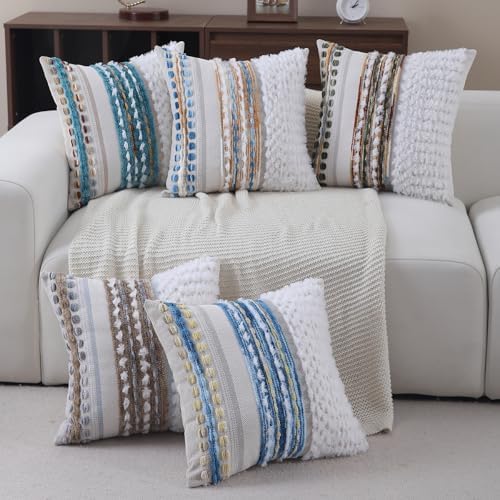 Boho Throw pillow covers 18x18 set of 2 farmhouse decorative Couch pillow covers neutral Accent throw pillows covers striped outdoor cushion covers square textured chenille pillow cases for sofa bed - Image 5