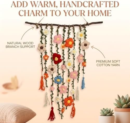 Handmade Crochet Flower Wall Hanging, Boho Macrame Wall Hanging Decor, Cotton Crochet Flowers for Bedroom Living Room Nursery, Cascading Floral Wall Art, Bohemian Farmhouse Wall Decor, 19.69x31.5 Inches - Image 2