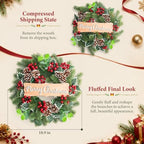 20" Merry Christmas Wreaths for Front Door Winter with Pine Needles Eucalyptus Holly Leaves Pine Cones Red Berries for Indoor Outdoor Home Wall Decor Decoration - Image 2