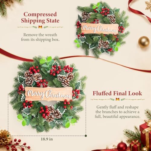 20" Merry Christmas Wreaths for Front Door Winter with Pine Needles Eucalyptus Holly Leaves Pine Cones Red Berries for Indoor Outdoor Home Wall Decor Decoration - Image 2