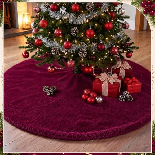 Viorawhite Burgundy Christmas Tree Skirt, 60 Inch Large Faux Fur - Image 5