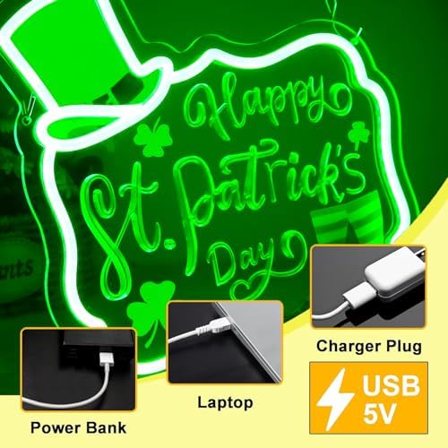 Happy St. Patrick's Day Art Neon Signs Shamrock LED Neon Lights Dimmable Wall Decor for Kids, Room, Office, St Patrick's Day Party Gift Art for Boys Girls-12.83 x 12.2 IN-USB Powered-Acrylic - Image 6