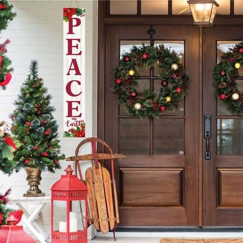SRongmao Peace on Earth Porch Sign Christmas Front Door Hanging Decorations 8x63inch Vertical Wooden Indoor Outdoor Standing Signs For Home Yard Farmhouse Holiday Decor - Image 5