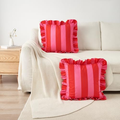 MONDAY MOOSE Decorative Throw Pillow Covers, Set of 2 Water-Resistant Striped Design with Ruffle Edge for Outdoor/Indoor Use, Pillow Inserts Not Included (16x16 inch, Hot Pink/Red) - Image 5
