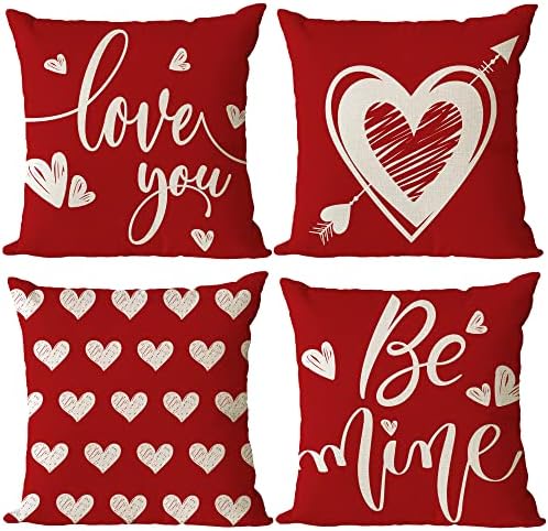 YeeJu Happy Valentines Day Pillow Covers 24x24 Set of 4 Wedding Anniversary Throw Pillow Covers Red Love Heart Cushion Covers Pillow Cases for Outdoor Couch Sofa Decoration(24 Inch) by YeeJu