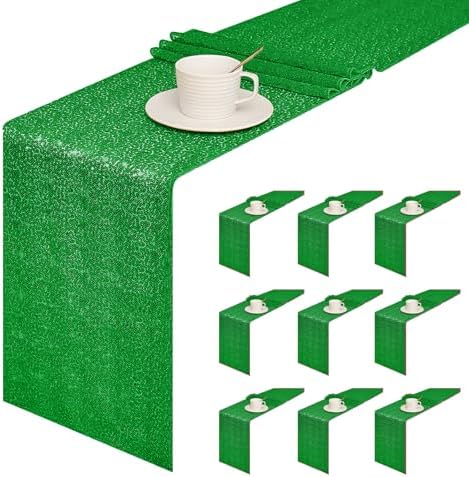 Sugargirl 10 Packs 12 x 72 inches Sequin Table Runner, Glitter Grass Green Table Runner for Birthday Party Supplies Wedding Holiday Celebration Event Decorations by Sugargirl
