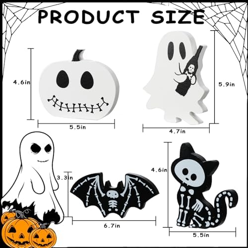 4PCS Halloween Decorations Indoor, Halloween Tiered Tray Decor Table Sign, Halloween Wooden Signs Ghost Bat Pumpkin Cat Blocks Signs, Table Decor Halloween Party Decorations for Mantle Home Shelf - Image 3