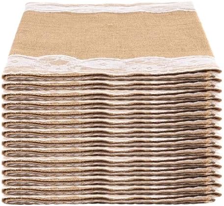 15 Pack Burlap Table Runner with White Lace, 12 x 108 Inch Elegant Rustic Natural Vintage Jute Farmhouse Long Table Cloth for Wedding Thanksgiving Christmas Birthday Party Decor by TAICHEUT
