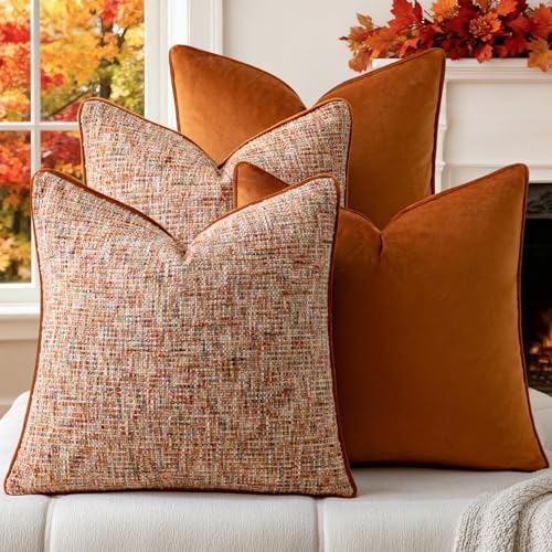 a moment Fall Orange 4 Pack Throw Pillow Covers - Chenille & Velvet Set with Piping, Farmhouse Textured Design Cushion Cases for Couch Sofa Bed (20x20 Inch, No Insert) by amoment
