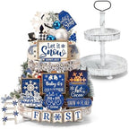 Nuogo 24 Pcs Winter Tiered Tray Decorations Set and 2 Tiered Tray Stand with Handle Winter Table Decoration Tabletop Snowman Snowflake Decorations for Home Farmhouse Hot Cocoa by Nuogo