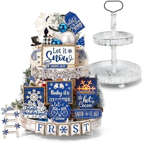 Nuogo 24 Pcs Winter Tiered Tray Decorations Set and 2 Tiered Tray Stand with Handle Winter Table Decoration Tabletop Snowman Snowflake Decorations for Home Farmhouse Hot Cocoa by Nuogo