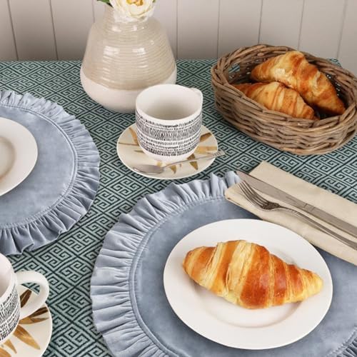 18 Inch Velvet Round Placemat with Ruffle for Dining Table Outdoor Placemats Non-Slip Washable for Gathering, Occasional Decoration and Family Parties Celebrations Set of 4, Blue Grey - Image 3