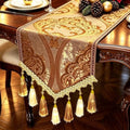 Luxury Damask Vintage Table Runner 72 Inches Long Brown Gold Tassels by HeMiaor
