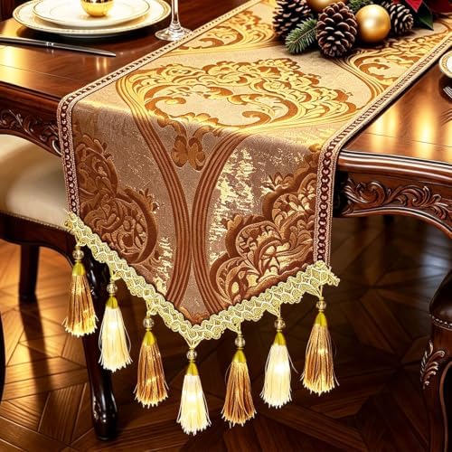Luxury Vintage Damask Thick Gold Texture Table Runner 120 Inches Long by HeMiaor