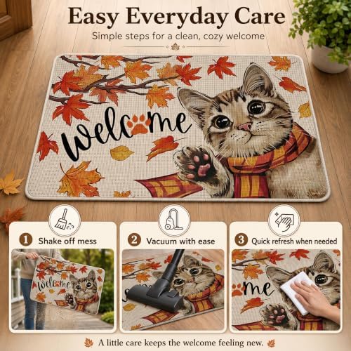 Fall Cat Welcome Mat 32x48in, Autumn Tabby Kitten in Plaid Scarf Doormat - Image 5