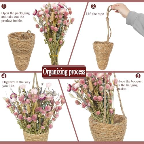 Front Door Basket Wreath Natural Dried Flower Bouquet Hanging Wicker Wall Basket Lavender Eucalyptus Globe Amaranth Handmade Wall Planter for Porch Boho Farmhouse Summer Fall Home Decor - Image 6