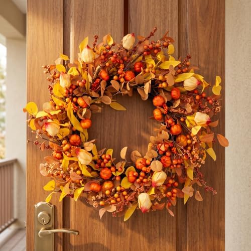 26" Fall Wreath for Front Door Pumpkin Artificial Wall Decor Autumn - Image 6
