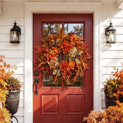 Autumn Harvest Wreath for Front Door 26 Inch, Fall Decor with Orange Dahlias Maple Leaves Berries Hydrangeas, Thanksgiving Halloween Wreaths for Front Door Grapevine Twig - Image 4