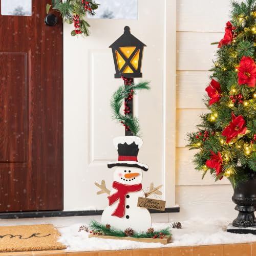 Glitzhome 36.75" H Lighted Christmas Snowman Porch Sign,Whimsical Wooden Porch Decor with Illuminated Street Lamp & Timer,Merry Christmas Sign for Holiday Front Porch Outdoor Decorations by Glitzhome