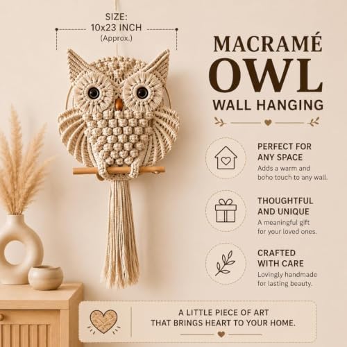 Bohemian Owl Macramé Wall Hanging Pack Of 2-12 x 23 Inch - Handcrafted Boho Home Décor with Natural Elements - Boho Chic Accent for Home, Office, or Living Room (Light Yellow) - Image 3