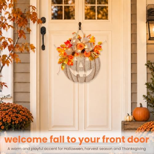 Fall Wreaths for Front Door, Burlap Style Pumpkin Sign with Autumn Leaves and Bow, Halloween Decor for Porch Wall (B-2PCS) - Image 4